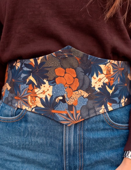 Large ceinture bleue en coton, ornée d'un motif tropical représentant des fleurs et des animaux