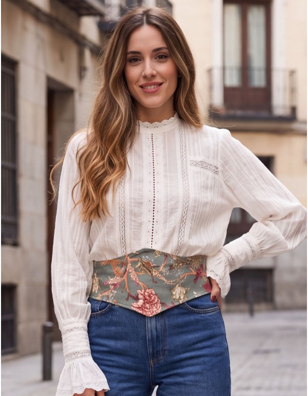 Wide, aqua-green cotton sash with a floral print