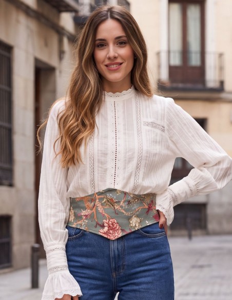 Fajín ancho de algodón verde agua con estampado floral