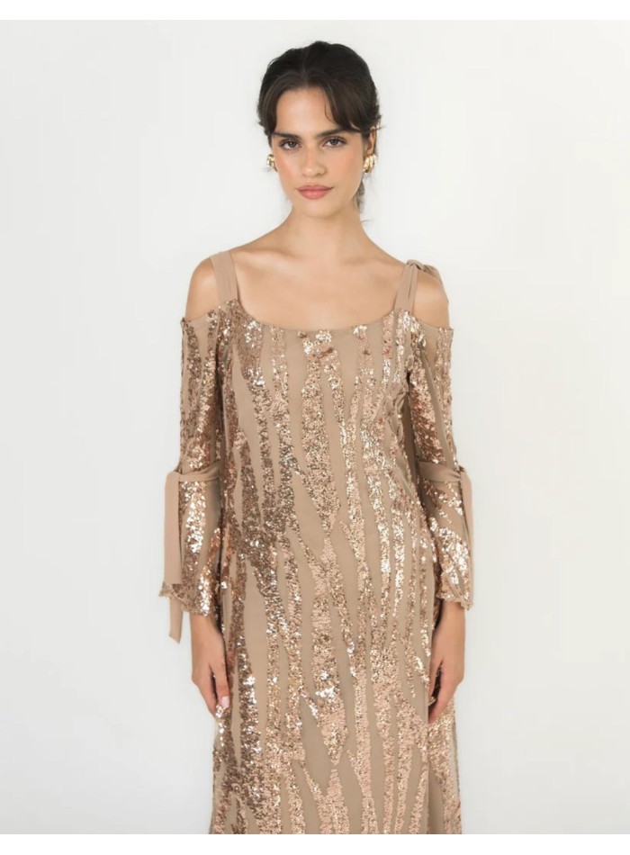 Gros plan sur les sequins couleur champagne brodés sur le tulle de la robe.