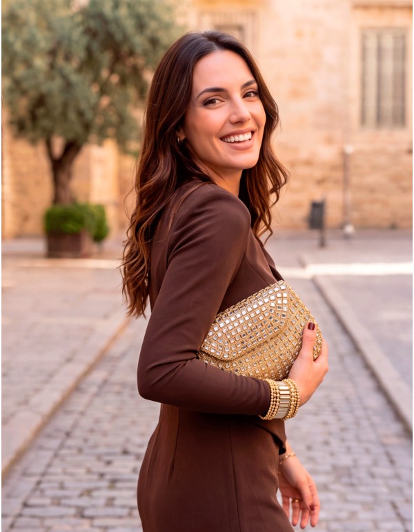 Rigid gold clutch with square crystals and a geometric design 2