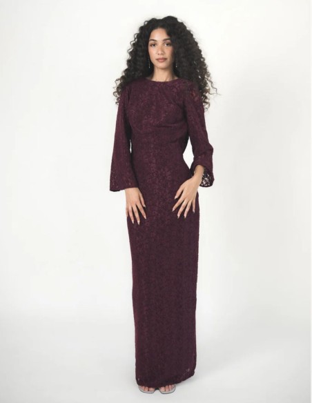 Long plum-colored velvet lace dress with an open back and butterfly sleeves