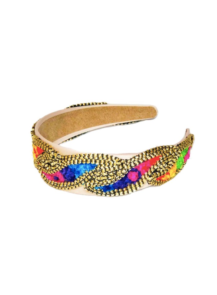 Satin headband with multicoloured design and fluorine shades at INVITADISIMA
