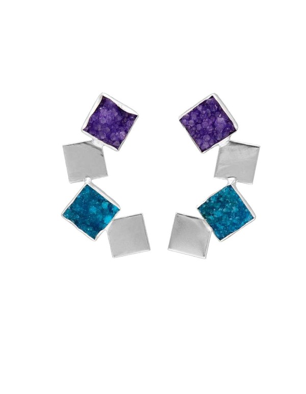 Long geometric earrings in blue and silver tones