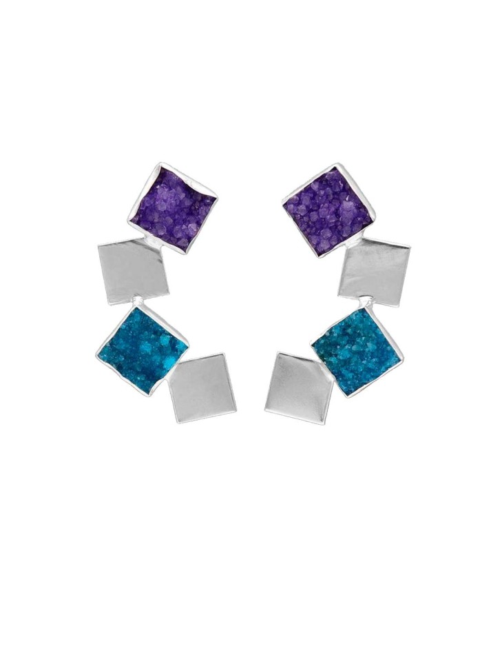 Long geometric earrings in blue and silver tones