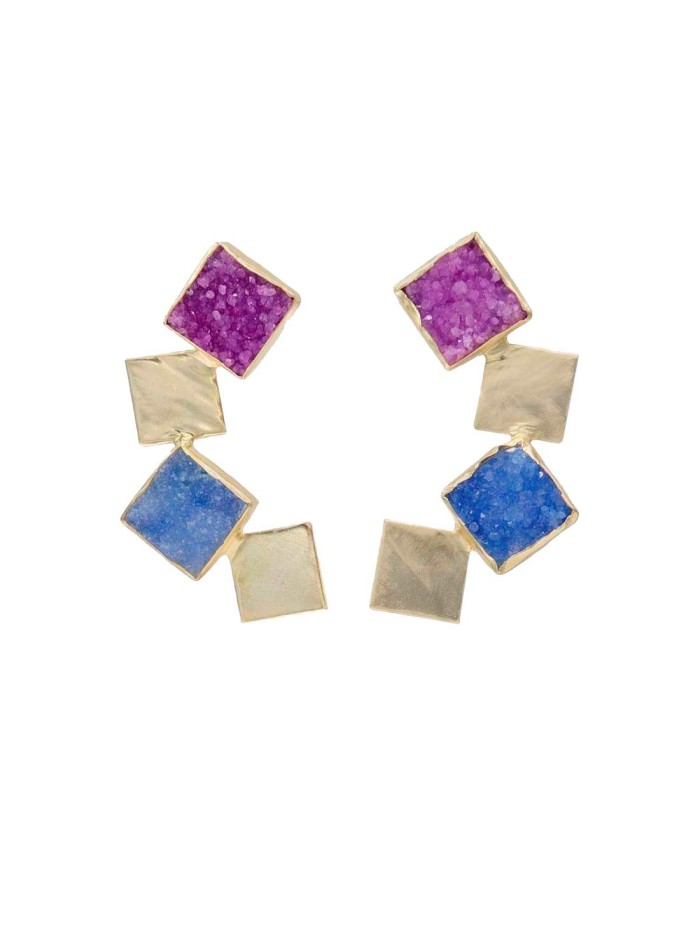 Long geometric earrings in blue and fuchsia by Acus