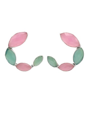 Semi-circular earrings with pink and green oval stones