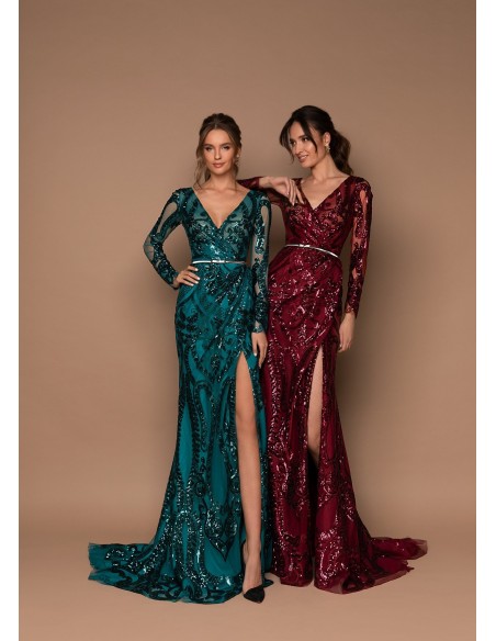 Vestido de gala largo con lentejuelas y manga larga bordada para invitadas Vestido de gala largo con lentejuelas y manga larga bordada para invitadas