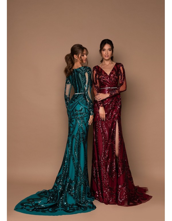 Maxi sequined party dress with V-neck and side opening 2