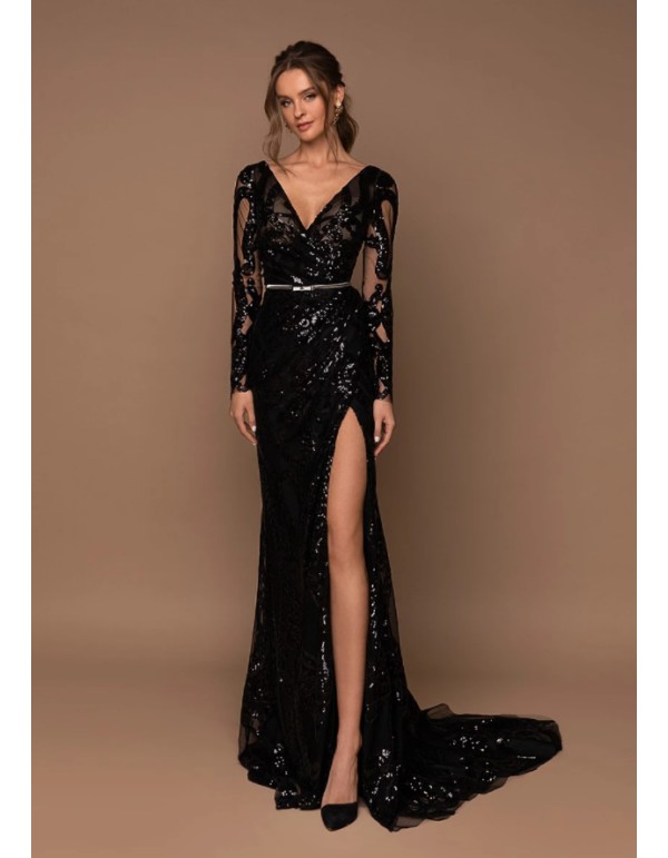 Maxi sequined party dress with V-neck and side opening