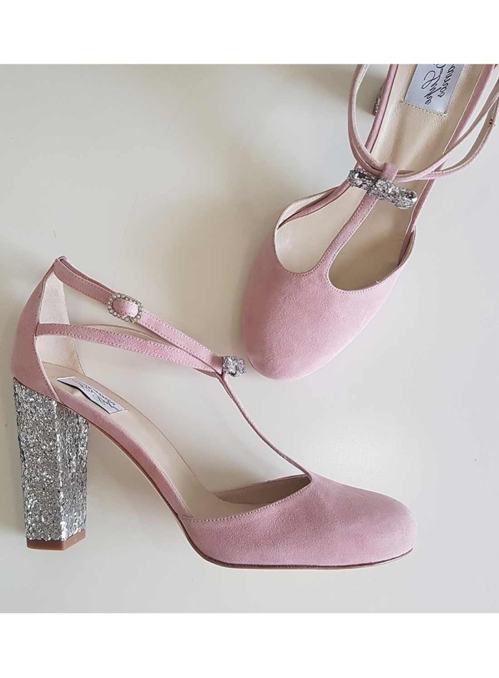 Zapatos de fiesta de ante rosa y tacón plata |