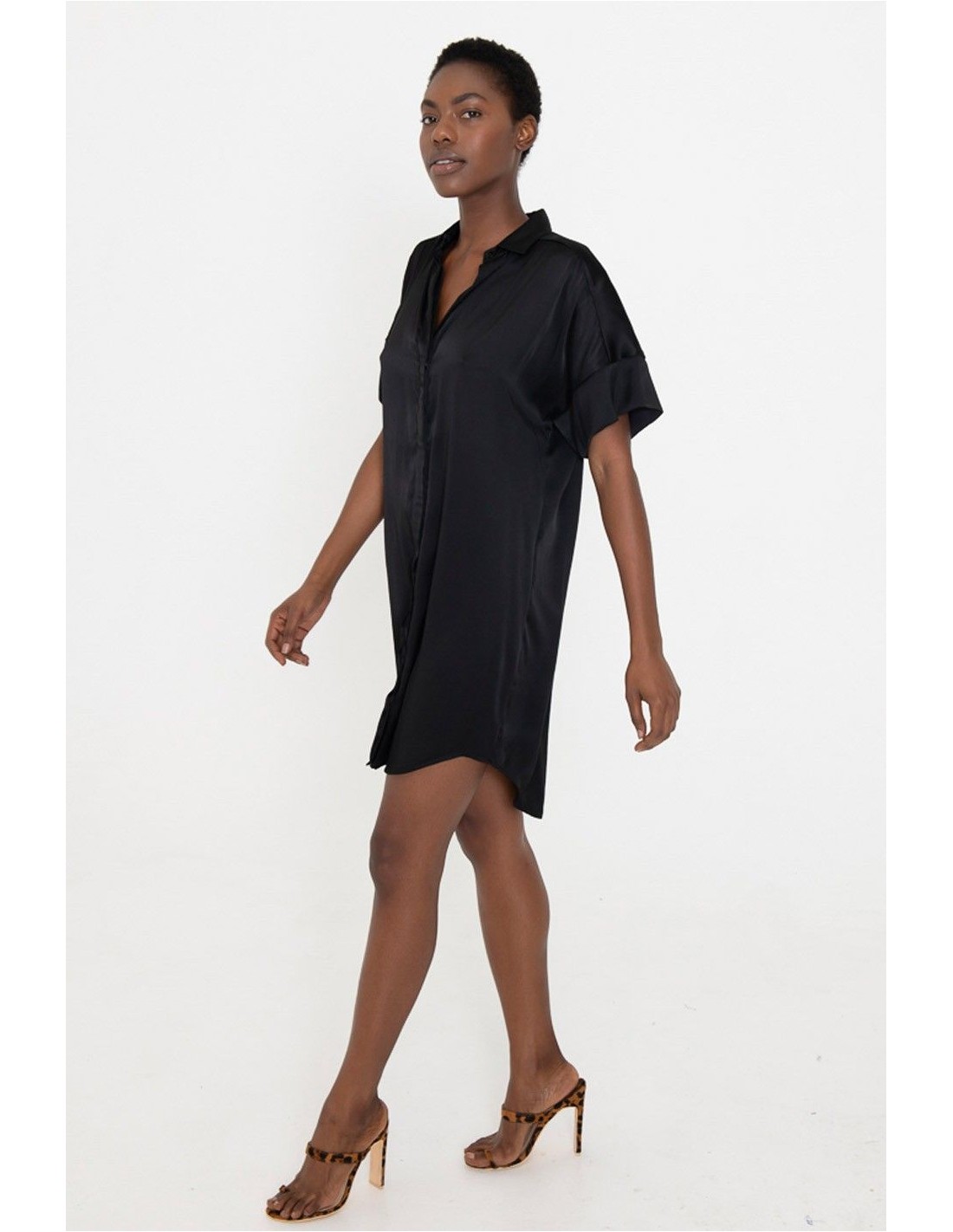 black silky shirt dress