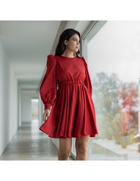 Red evasé party dress with long sleeves Mauî Official - 1