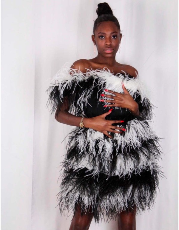 Mini dress black and white ostrich feathers by Angus Kirkby