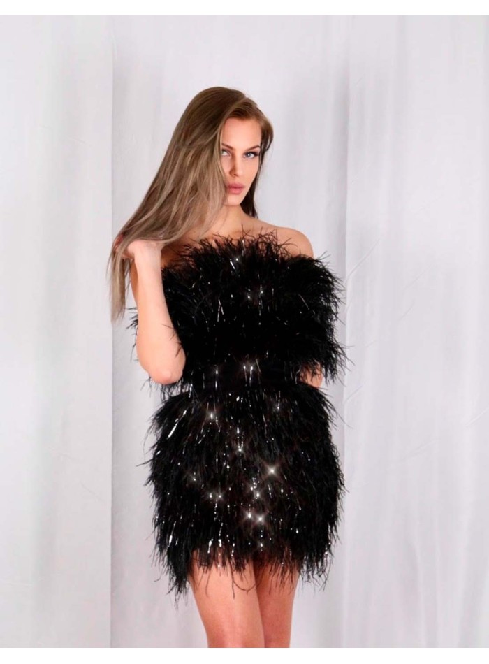 Black mini party dress with feathers ...