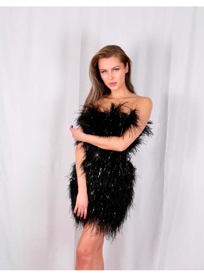 Black mini party dress with feathers by Angus Kirkby