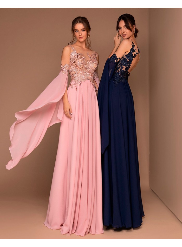 Long gown with transparent bodice and chiffon skirt