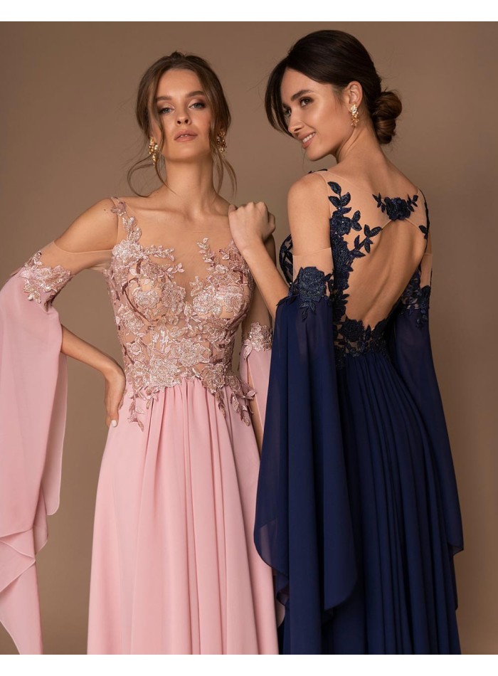 Vestido de fiesta largo con cuerpo con trasparencias y falda de gasa-2