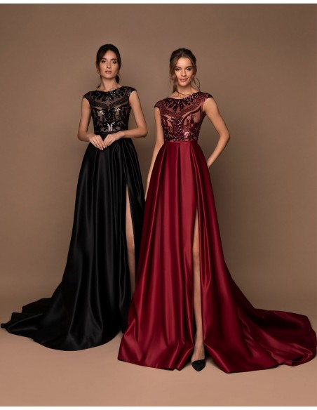 Vestido de fiesta largo con cuerpo de pedrería y falda con vuelo-1 Vestido de fiesta largo con cuerpo de pedrería y falda con vuelo-1