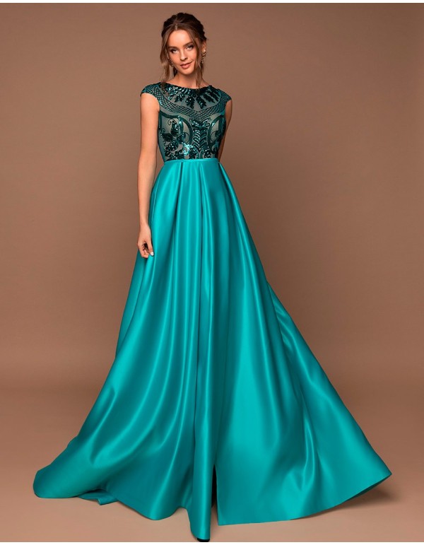Vestido de fiesta largo con cuerpo de pedrería y falda con vuelo-turquesa