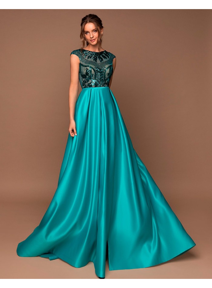 Long party dress with beaded bodice and flared skirt