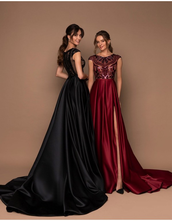 Long party dress with beaded bodice and flared skirt 2
