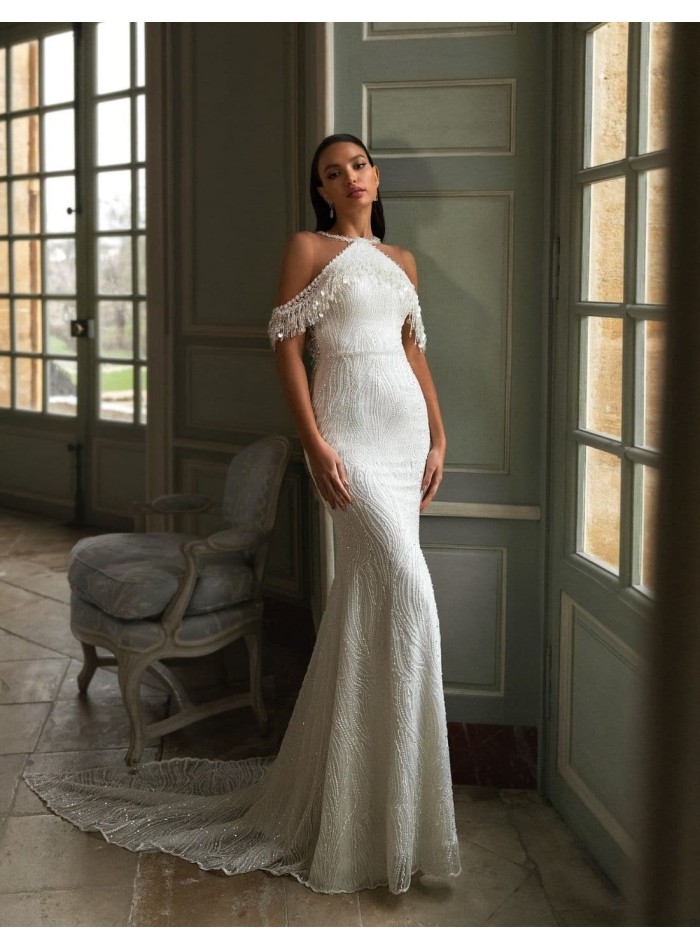 Wedding dress with halter neckline and dropped shoulders