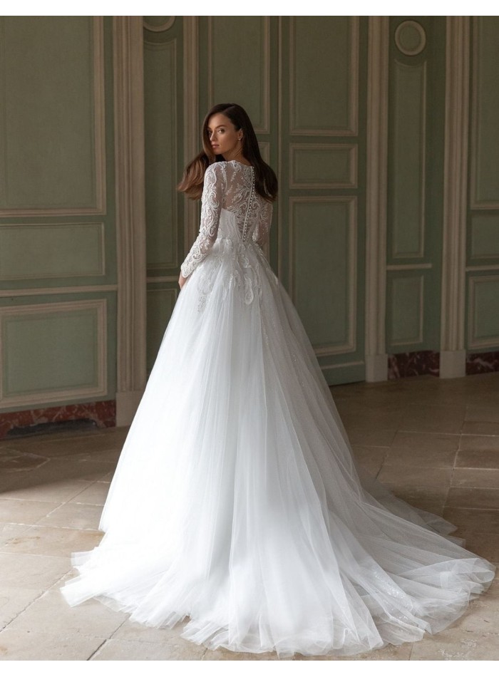 Princess cut wedding dress with printed long sleeves