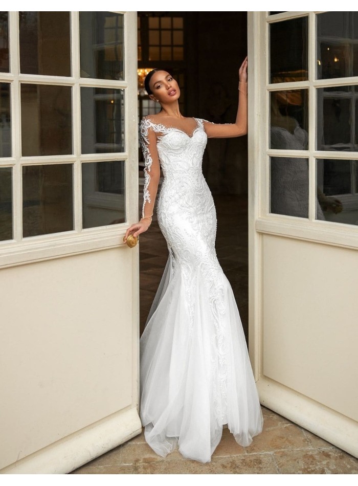 Wedding dress with heart neckline and tattoo effect sleeves