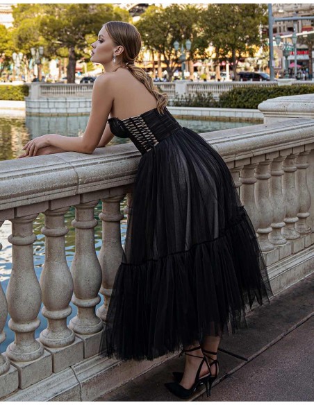 Midi ball gown with draped bodice and strapless neckline Midi ball gown with draped bodice and strapless neckline
