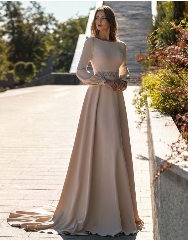 Vestido de fiesta largo con espalda abierta en pico y manga larga-4