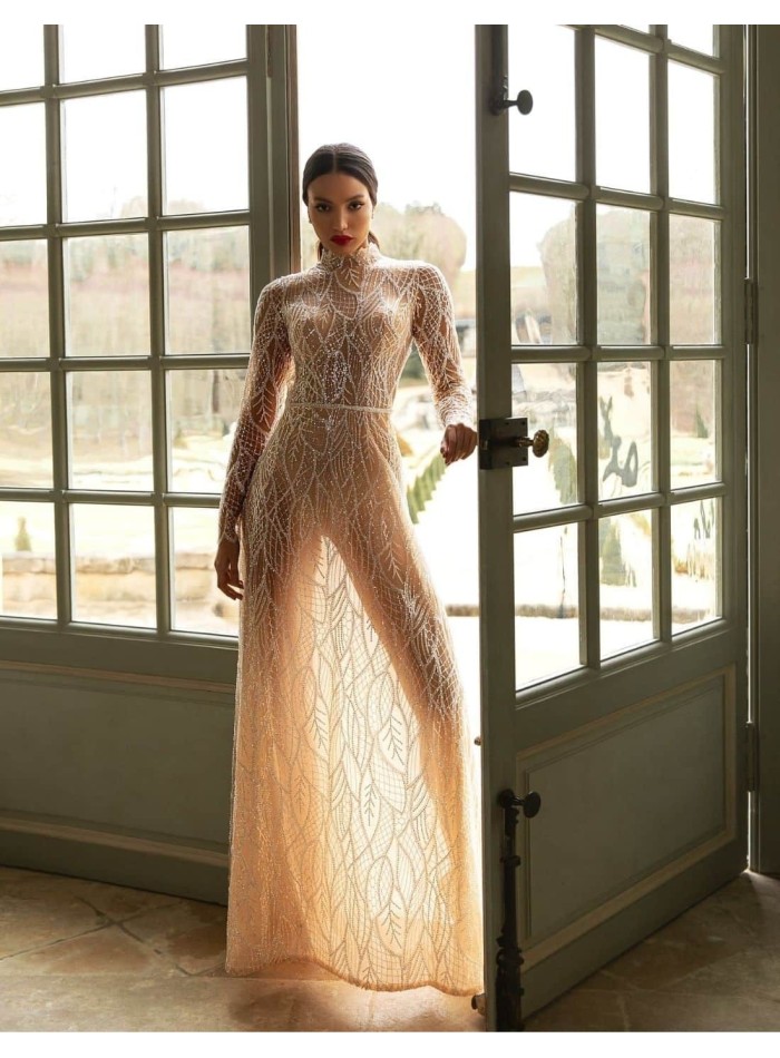 Wedding dress with beaded embroidery and long sleeves from Pollardi