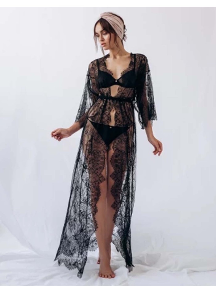 Long black lace nightdress with long sleeves