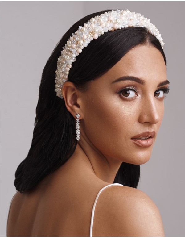 Diadema gruesa plana con perlas y cristales para novia o invitada