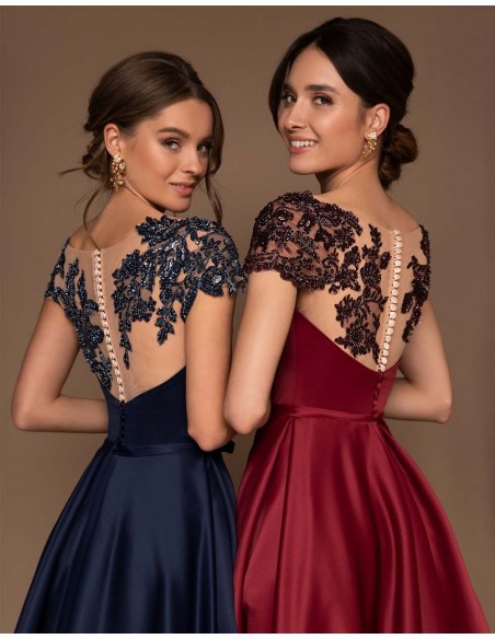 Vestido de fiesta largo en satén con espalada efecto tatuaje de pedrería-1 Vestido de fiesta largo en satén con espalada efecto tatuaje de pedrería-1