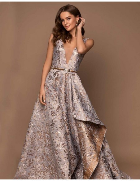 Vestido de fiesta largo estampado jacquard y escote en V| INVITADISIMA Vestido de fiesta largo estampado jacquard y escote en V| INVITADISIMA