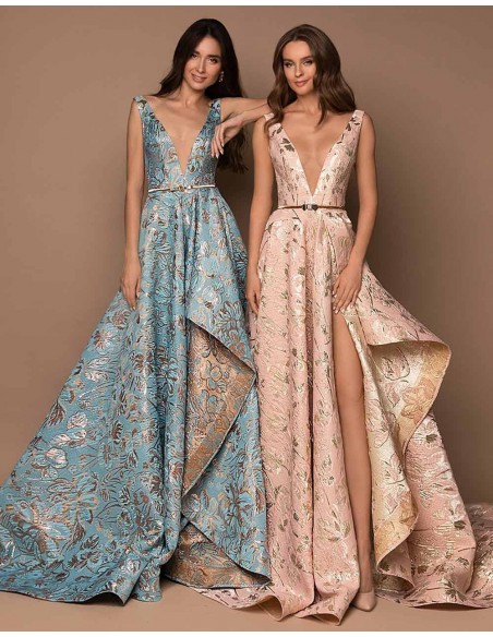 Vestido de fiesta largo con estampado jacquard y escote en pico