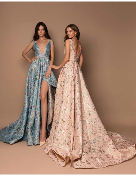 Vestido de fiesta largo con estampado jacquard y escote en pico-2 Vestido de fiesta largo con estampado jacquard y escote en pico-2