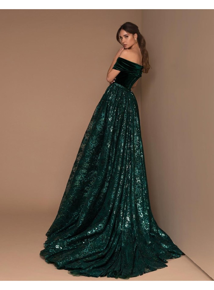 Evening dress with removable train and bandeau neckline