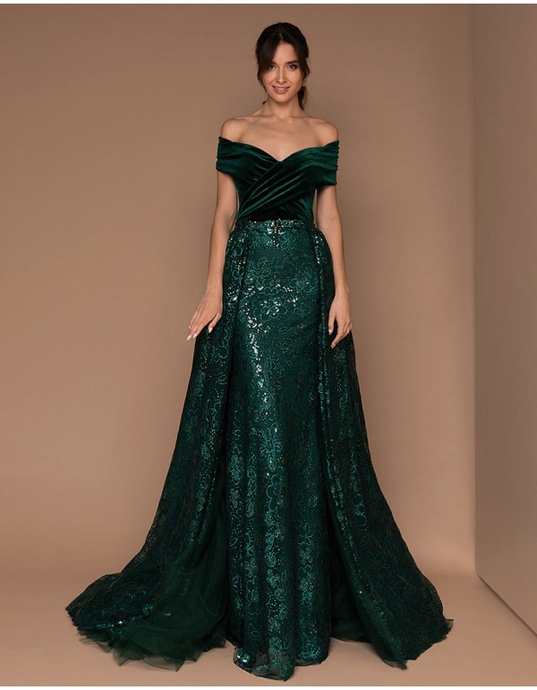 Evening dress with removable train and bandeau neckline-1