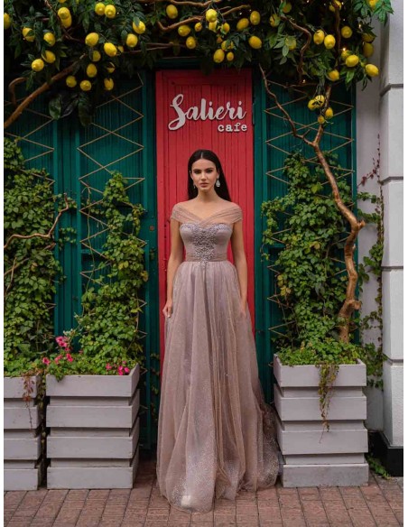 Powder pink long party dress with tulle crossover bandeau neckline