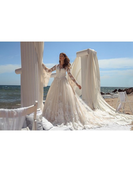 Princess wedding dress with long sleeves in tulle and guipure semi-transparent effect Jeorjett Fashion Group - 2 