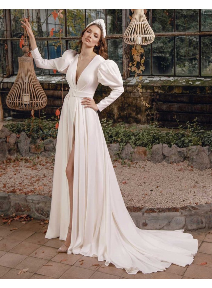 Satin wedding dress with puffed sleeves and V-neckline