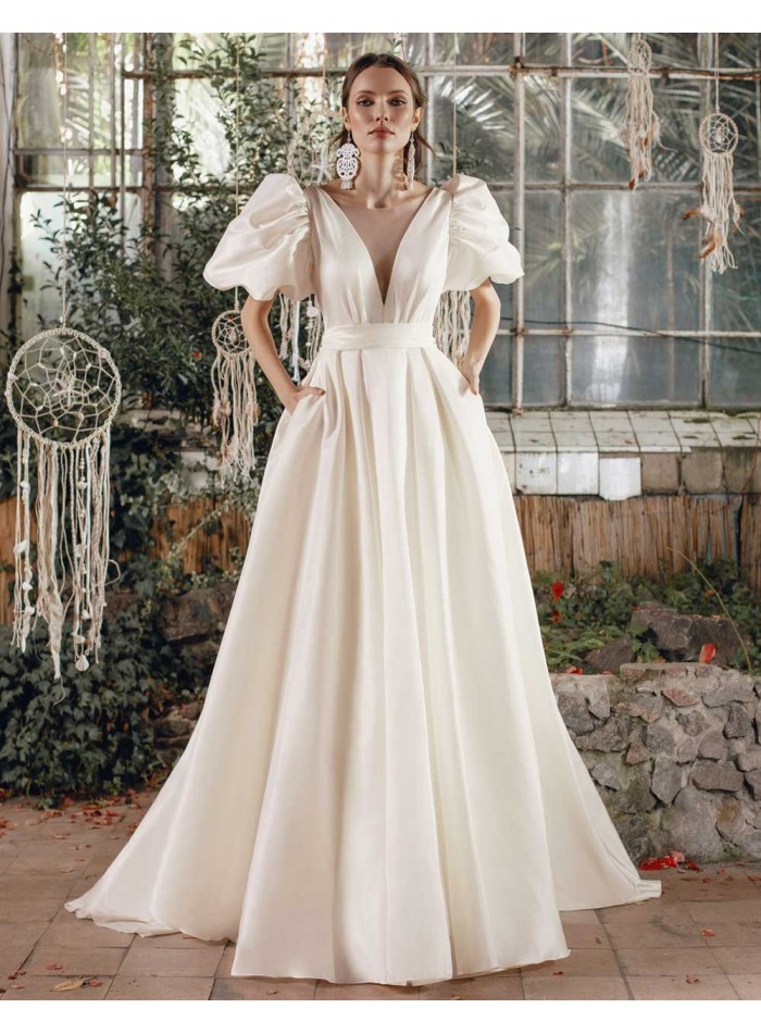 Classic ball gown with balloon sleeves and open back-1