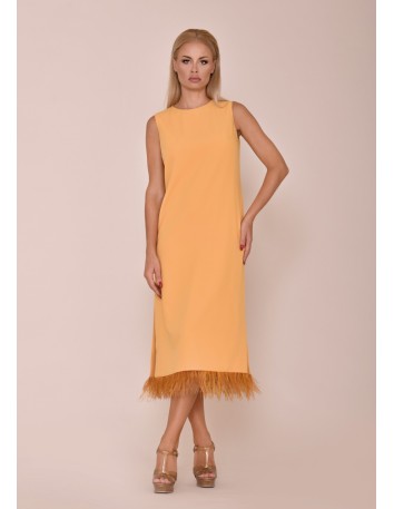 Sleeveless midi party dress with round neckline and feathers