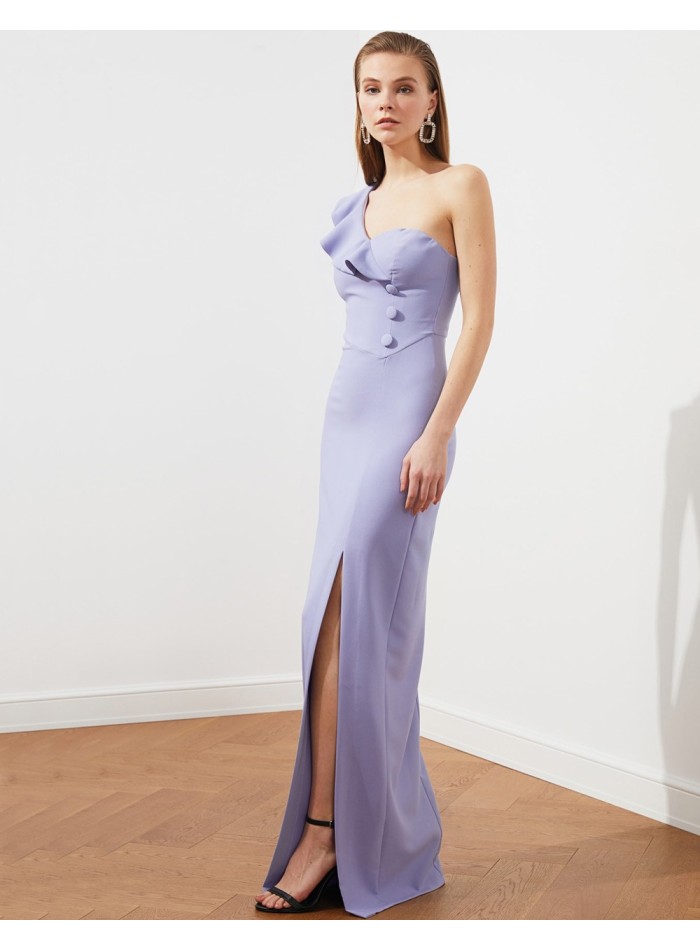 Maxi dress with asymmetrical neckline and button detail