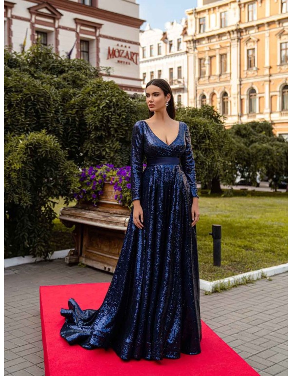 Robe longue de fête bleu marine avec sequins 2