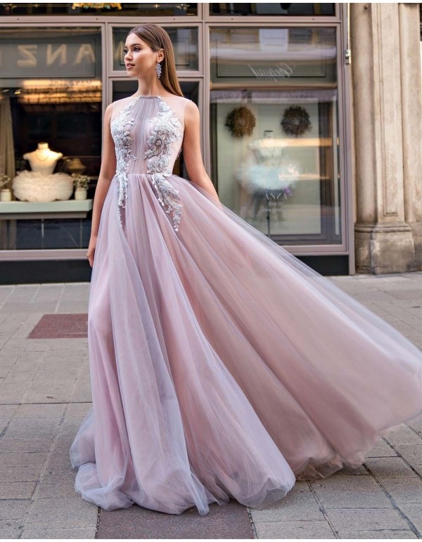 Evening dress with halter neckline made in tulle EMABRIDE - 1 