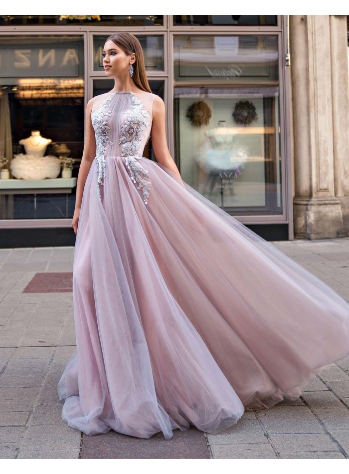 Evening dress with halter neckline made in tulle EMABRIDE - 1 