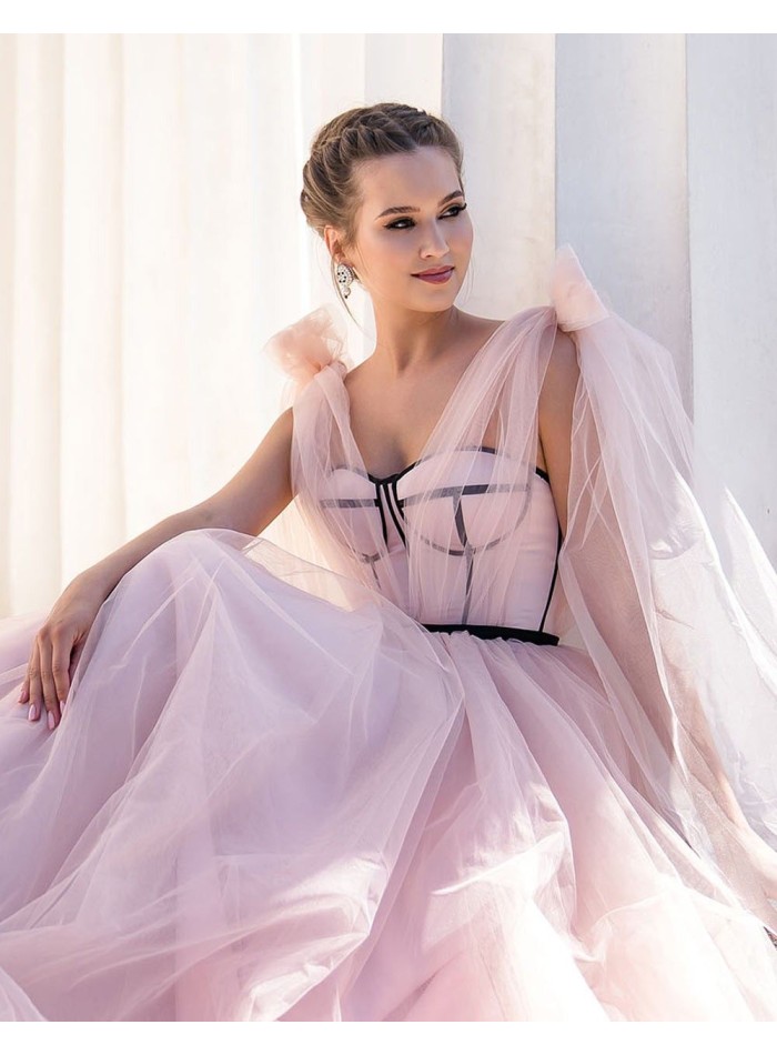 Vestido de fiesta largo con cuerpo tipo corsé realizado en tul EMABRIDE - 4